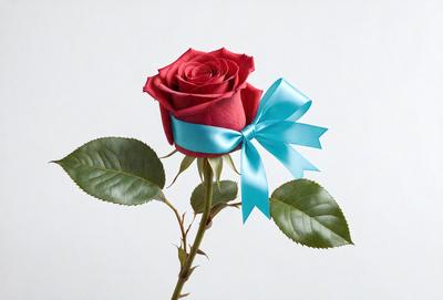 The primary subject of the image is a single red rose with a blue bow on it. The rose is placed on a white background, which creates a clean and minimalist appearance. The visual style of the image is a close-up of the rose, highlighting its beauty and the intricate details of the blue bow. The colors of the rose and the bow are vibrant and eye-catching, creating a warm and inviting atmosphere.