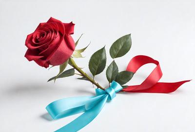 The primary subject of the image is a single red rose with a blue ribbon. The rose is placed on a white surface, which serves as the background. The visual style of the image is a close-up of the rose and ribbon, showcasing the details of the flower and the ribbon. The dominant colors in the image are red and blue, creating a sense of elegance and sophistication.