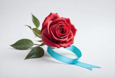 The primary subject of the image is a single red rose. The rose is placed on a blue ribbon, which is resting on a white surface. The setting appears to be a simple and elegant arrangement, with the rose and ribbon being the main focus of the image. The visual style is a close-up of the rose and ribbon, showcasing the details of the flower and the ribbon's texture. The colors and mood of the image are predominantly white and blue, creating a calm and serene atmosphere