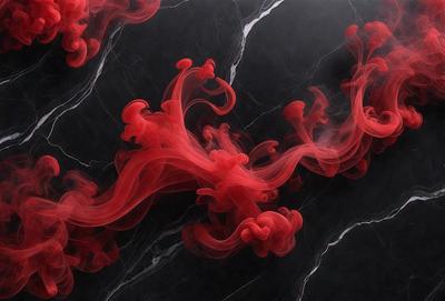 The primary subject of the image is a red, flowing, and swirling pattern, which appears to be a digital art or illustration. The setting is a black marble countertop, and the visual style is a combination of digital art and illustration. The dominant colors in the image are red and black, creating a bold and striking atmosphere.