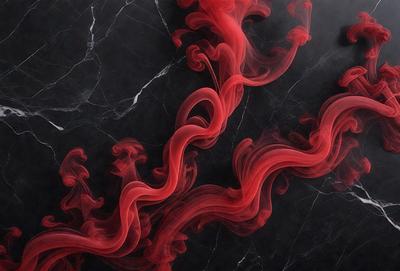 The primary subject of the image is a red, swirling, and flowing pattern, which appears to be a digital art or illustration. The setting is a black marble surface, which serves as the background for the artwork. The visual style of the image is a combination of digital art and illustration, creating a unique and captivating visual experience. The dominant colors in the image are red and black, which contribute to the overall atmosphere of the artwork.
