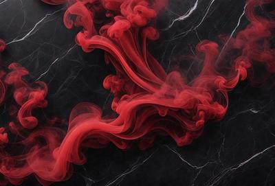The primary subject of the image is a red smoke or mist, which is flowing and swirling in the air. The setting is a black marble surface, which serves as the backdrop for the smoke. The visual style of the image is a combination of photo and digital art, creating a striking and dramatic effect. The dominant colors in the image are red and black, giving the scene a bold and intense atmosphere.