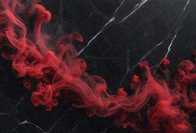 The primary subject of the image is a red, swirling, and flowing substance, which appears to be a liquid or a gas. The setting is a black marble countertop, and the visual style is a digital art or illustration. The dominant colors are red and black, creating a bold and striking atmosphere.