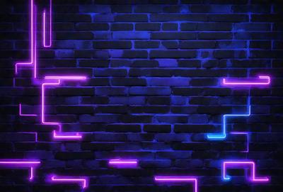 The primary subject of the image is a purple brick wall. The setting is a dark room with a blue brick wall. The visual style is a digital art or illustration, creating a unique and vibrant atmosphere. The dominant colors are purple and blue, which contribute to the overall mood of the image.