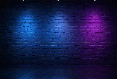The primary subject of the image is a brick wall with a blue and purple hue. The setting is a dark room, and the visual style appears to be a photo. The dominant colors are blue and purple, creating a moody atmosphere.