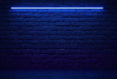 The primary subject of the image is a blue brick wall. The setting is a dark room with a blue brick wall as the main focus. The visual style is a photo, and the dominant colors are blue and purple, creating a moody atmosphere.