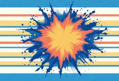 The primary subject of the image is a blue and orange explosion, which is the main focus of the image. The setting is a blue background, and the visual style appears to be a digital art or illustration. The dominant colors in the image are blue and orange, creating a vibrant and energetic atmosphere.