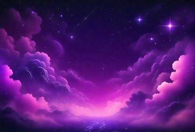 The primary subject of the image is a purple sky with clouds, which creates a serene and dreamy atmosphere. The setting is a nighttime scene with a starry background, adding to the sense of wonder and mystery. The visual style is a digital art or illustration, showcasing the artist's creativity and skill in depicting the scene. The colors and mood are predominantly purple and pink, evoking feelings of calmness and tranquility.