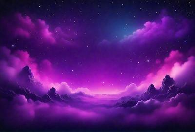 The primary subject of the image is a purple sky with clouds, creating a beautiful and serene atmosphere. The setting is a mountainous landscape, with a mountain range visible in the distance. The visual style of the image is a digital art or illustration, showcasing the artist's creativity and skill in capturing the scene. The colors and mood of the image are predominantly purple, which adds a sense of calmness and tranquility to the scene.