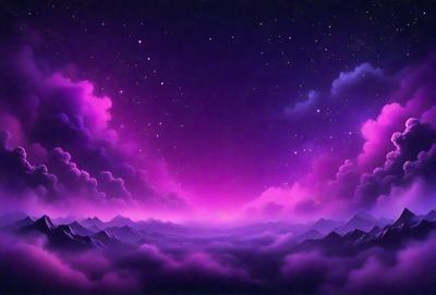 The primary subject of the image is a purple sky with a few stars visible. The setting is a cloudy night sky, and the visual style appears to be a painting or digital art. The colors and mood of the image are predominantly purple, creating a serene and dreamy atmosphere.