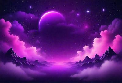 The primary subject of the image is a purple planet with a pink moon in the sky. The setting is a purple and pink night sky, creating a serene and dreamy atmosphere. The visual style is a digital art or illustration, with the purple and pink colors giving the scene a surreal and whimsical appearance.