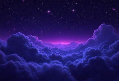 The primary subject of the image is a purple sky with clouds, creating a beautiful and serene atmosphere. The setting is a nighttime sky, with the stars visible in the background. The visual style is a digital art or illustration, showcasing the artist's creativity and skill in depicting the scene. The colors and mood are predominantly purple, which adds a sense of calmness and tranquility to the image.