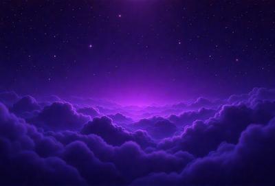 The primary subject of the image is a purple sky with clouds. The setting is a night sky with a few stars visible. The visual style is a digital art or illustration, creating a surreal and dreamy atmosphere. The colors and mood are predominantly purple, with a hint of blue, giving the scene a serene and calming vibe.