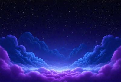The primary subject of the image is a purple cloud with a blue sky in the background. The setting appears to be a night sky, with the cloud and sky creating a striking contrast. The visual style of the image is digital art, as it is a computer-generated image. The dominant colors in the image are purple and blue, creating a serene and calming atmosphere.