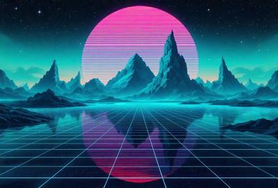 The primary subject of the image is a futuristic landscape featuring a large pink moon and a mountain range. The setting is a digital artwork with a vibrant and colorful atmosphere. The visual style is a combination of digital art and illustration, creating a unique and captivating scene. The dominant colors are pink and blue, which contribute to the overall mood of the image.