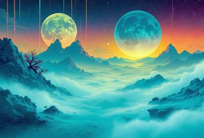 The primary subject of the image is a mountainous landscape with two moons in the sky. The setting is a cloudy, blue sky, and the visual style is a digital art or illustration. The dominant colors are blue and purple, creating a serene and peaceful atmosphere.