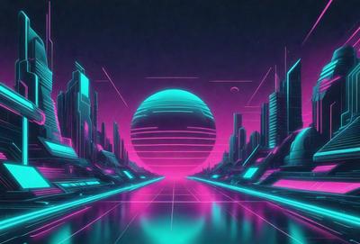 The primary subject of the image is a large, glowing, pink and blue sphere, which appears to be floating in the air. The setting is a futuristic cityscape, with a series of buildings and towers in the background. The visual style is a combination of digital art and illustration, creating a vibrant and colorful atmosphere. The colors and mood of the image are predominantly pink and blue, giving it a lively and energetic feel.