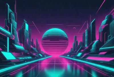 The primary subject of the image is a futuristic cityscape with a large, glowing, pink and blue sphere in the center. The setting is a neon-lit city with tall buildings and a highway. The visual style is a digital art or illustration, creating a vibrant and colorful atmosphere. The dominant colors are pink, blue, and purple, giving the scene a unique and eye-catching appearance.