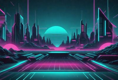 The primary subject of the image is a futuristic cityscape with a large, colorful moon in the background. The setting is a city with tall buildings and a pink and blue color scheme. The visual style is digital art, and the colors and mood are vibrant and energetic.