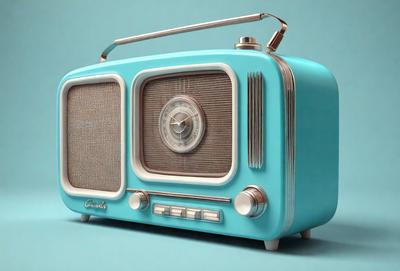 The primary subject of the image is a blue radio, which is the main object, scene, or focus of the image. The radio is placed on a blue surface, which serves as the setting or background. The visual style of the image is digital art, as it is a 3D rendering of the radio. The dominant colors in the image are blue and silver, creating a modern and sleek atmosphere.