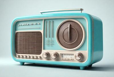 The primary subject of the image is a blue and white radio, which is the main object in the scene. The radio is placed on a blue surface, giving it a vintage appearance. The visual style of the image is a combination of photo and digital art, creating a realistic yet artistic representation of the radio. The colors and mood of the image are predominantly blue and white, giving it a nostalgic and classic feel.