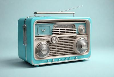 The primary subject of the image is a blue and white radio. The radio is placed on a blue surface, which serves as the setting or background. The visual style of the image is a combination of photo and digital art, creating a realistic yet artistic representation of the radio. The colors and mood of the image are predominantly blue and white, giving it a clean and modern appearance.