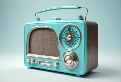 The primary subject of the image is a blue radio with a silver dial. The radio is placed on a blue surface, which serves as the setting or background. The visual style of the image is a combination of photo and digital art, creating a unique and eye-catching design. The dominant colors in the image are blue and silver, giving the radio a sleek and modern appearance.