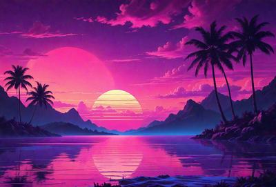 The primary subject of the image is a beautiful sunset over a body of water, with a pink sky and a sun setting in the distance. The setting is a tropical island with palm trees and mountains in the background. The visual style is a painting or illustration, with a vibrant and warm color palette. The overall atmosphere is serene and picturesque, evoking a sense of tranquility and natural beauty.