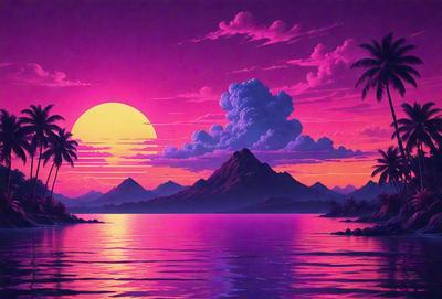 The primary subject of the image is a beautiful sunset over a body of water, with a mountain in the background. The setting is a serene and picturesque landscape, with the sun setting in the distance. The visual style is a combination of digital art and illustration, creating a vibrant and captivating scene. The colors and mood of the image are predominantly warm and inviting, with the sunset casting a warm glow over the water and the mountain.