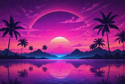 The primary subject of the image is a sunset, with the sun setting over a body of water. The setting is a tropical beach, with palm trees visible in the background. The visual style is a digital art or illustration, creating a vibrant and colorful atmosphere. The dominant colors are pink, purple, and blue, which contribute to the overall mood of the scene.