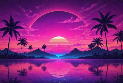 The primary subject of the image is a beautiful sunset over a body of water, with a pink sky and a sun rising in the background. The setting is a tropical beach with palm trees surrounding the water. The visual style is a digital art or illustration, creating a vibrant and colorful atmosphere. The dominant colors are pink, purple, and blue, giving the scene a serene and calming mood.