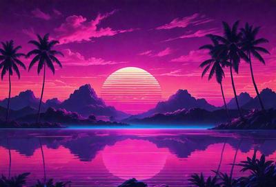 The primary subject of the image is a beautiful sunset over a body of water, with a pink sky and a sun rising in the background. The setting is a serene lake or ocean, with mountains in the distance. The visual style is a combination of digital art and illustration, creating a vibrant and captivating scene. The colors and mood of the image are predominantly pink and purple, evoking a sense of tranquility and natural beauty.