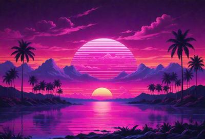 The primary subject of the image is a beautiful sunset over a body of water, with a pink sky and a sun setting in the background. The setting is a serene beach with palm trees in the foreground, creating a peaceful and relaxing atmosphere. The visual style of the image is a digital art or illustration, with a vibrant color palette that emphasizes the warmth and tranquility of the scene.