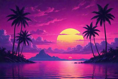 The primary subject of the image is a beautiful sunset over a body of water, with a pink sky and a yellow sun. The setting is a tropical island with palm trees surrounding the water. The visual style is a digital art or illustration, creating a serene and peaceful atmosphere. The dominant colors are pink and yellow, with the pink sky and yellow sun creating a warm and inviting mood.