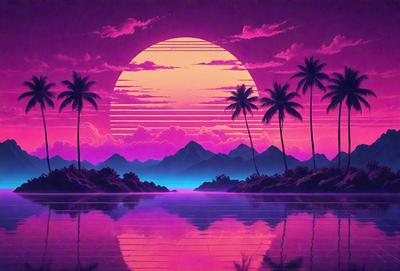 The primary subject of the image is a beautiful sunset with a pink and purple hue. The sun is setting behind a mountain range, creating a serene and picturesque scene. The setting/background features a body of water, possibly a lake or ocean, with palm trees lining the shore. The visual style of the image is a combination of digital art and illustration, creating a vibrant and captivating atmosphere. The colors and mood of the image are predominantly pink and purple, ev