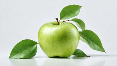 The primary subject of the image is a green apple, which is prominently displayed in the foreground. The setting is a white background, which provides a clean and minimalistic look to the image. The visual style is a close-up of the apple, emphasizing its texture and details. The colors and mood of the image are predominantly green, with the apple being the main focus and the white background providing a sense of simplicity and purity.