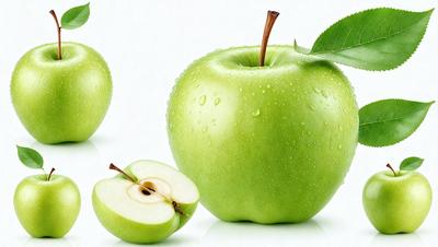 The primary subject of the image is a green apple with a stem. The apple is placed on a white surface, which serves as the background. The visual style of the image is a close-up of the apple, showcasing its details. The colors and mood of the image are predominantly green, with the apple being the main focus and the white surface providing a clean and simple backdrop.