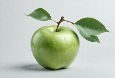 The primary subject of the image is a green apple with a stem. The apple is placed on a table, and it appears to be a realistic photo of the fruit. The setting is a simple table, and the visual style is a close-up of the apple. The colors and mood of the image are predominantly green, as the apple is green, and the overall atmosphere is natural and fresh.