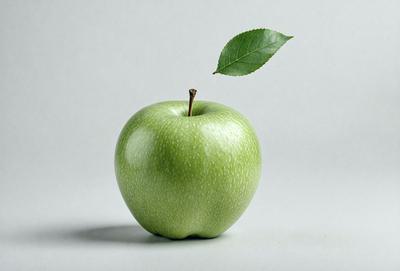 The primary subject of the image is a green apple with a leaf on top of it. The apple is placed on a white surface, which serves as the background. The visual style of the image is a photo, capturing the apple and the leaf in detail. The colors in the image are predominantly green, with the apple being the most prominent color, and the leaf adding a touch of green as well. The overall atmosphere of the image is calm and natural, with the apple and leaf being the main focus.