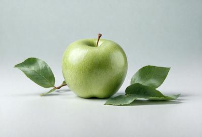 The primary subject of the image is a green apple, which is placed on a white surface. The apple is surrounded by green leaves, creating a visually appealing scene. The visual style of the image is a photo, capturing the natural beauty of the apple and leaves. The colors and mood of the image are predominantly green, with the apple and leaves being the main focus, creating a sense of freshness and vitality.
