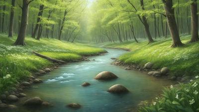 The primary subject of the image is a river flowing through a forest. The river is surrounded by rocks, and the water appears to be calm and serene. The setting is a lush green forest with trees and grass, creating a peaceful and natural atmosphere. The visual style of the image is a painting, which adds to the overall mood of tranquility and beauty.