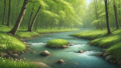 The primary subject of the image is a river flowing through a forest. The river is surrounded by trees, rocks, and grass, creating a serene and natural atmosphere. The setting is a lush green forest, and the visual style is a combination of digital art and illustration. The colors are predominantly green, with some blue and brown tones, reflecting the natural environment.