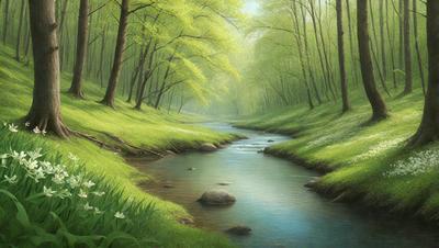 The primary subject of the image is a river flowing through a lush green forest. The setting is a serene, natural environment with trees and rocks surrounding the river. The visual style is a painting, which adds a sense of depth and beauty to the scene. The colors and mood are predominantly green, with the river and surrounding vegetation creating a peaceful and tranquil atmosphere.