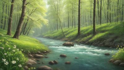 The primary subject of the image is a river flowing through a forest. The river is surrounded by rocks and trees, creating a serene and natural atmosphere. The setting is a lush green forest, with the water flowing through the landscape. The visual style of the image is a painting, which adds to the overall mood and beauty of the scene. The colors are predominantly green, with the water and rocks adding a sense of tranquility and harmony with the natural environment.