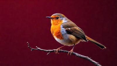 The primary subject of the image is a small bird perched on a thin branch. The bird is the main focus of the image, and it is positioned in the center of the frame. The setting is a red background, which adds a vibrant and warm atmosphere to the scene. The visual style of the image is a close-up of the bird, showcasing its details and textures. The colors and mood of the image are predominantly red, creating a bold and striking appearance.