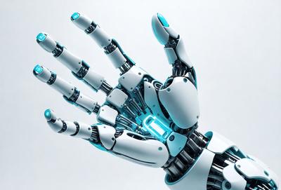 The primary subject of the image is a robotic hand with a blue glow. The setting is a white background, and the visual style is digital art. The colors and mood of the image are predominantly blue, giving it a futuristic and technological appearance.