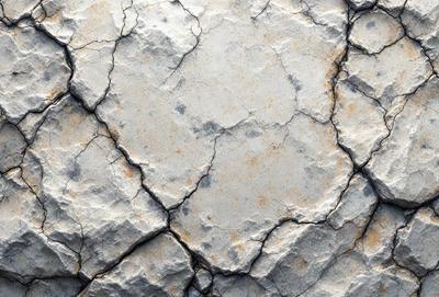The primary subject of the image is a large cracked rock, which is the main object, scene, or focus of the image. The setting/background features a rocky surface, which is the environment, backdrop, or surface visible in the image. The visual style of the image is a photo, as it captures the natural texture and appearance of the rock. The colors and mood of the image are predominantly gray and brown, giving it a somewhat dull and aged appearance.