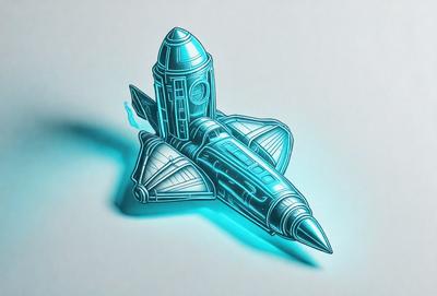 The primary subject of the image is a space shuttle, which is a futuristic-looking rocket ship. The setting is a white background, which provides a clean and uncluttered environment for the space shuttle to stand out. The visual style of the image is digital art, as it appears to be a 3D model or a computer-generated illustration. The colors and mood of the image are predominantly blue, which gives the space shuttle a sleek and modern appearance.