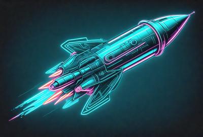The primary subject of the image is a futuristic spacecraft, which is a blue and pink neon-colored rocket. The setting is a dark background, which contrasts with the vibrant colors of the spacecraft. The visual style is digital art, as the rocket is depicted in a stylized manner. The colors and mood of the image are energetic and dynamic, with the bright colors of the rocket drawing attention and creating a sense of motion.
