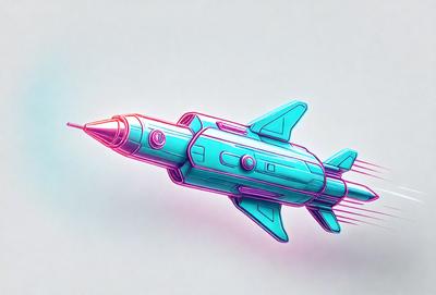 The primary subject of the image is a blue rocket ship. The setting is a white background, and the visual style is digital art. The rocket ship is the main focus of the image, and its blue color and futuristic design create a sense of adventure and excitement.